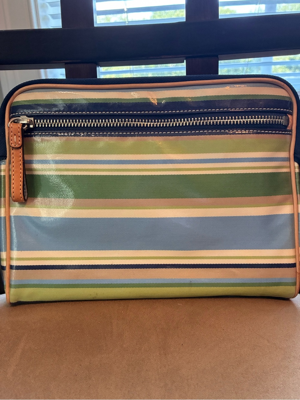 Coach Striped Toiletry Bag in Blue, Green & Tan